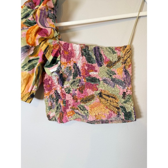 ZARA • One Shoulder Smocked Floral Puff Sleeve Boho Crop Top XS - Picture 5 of 7